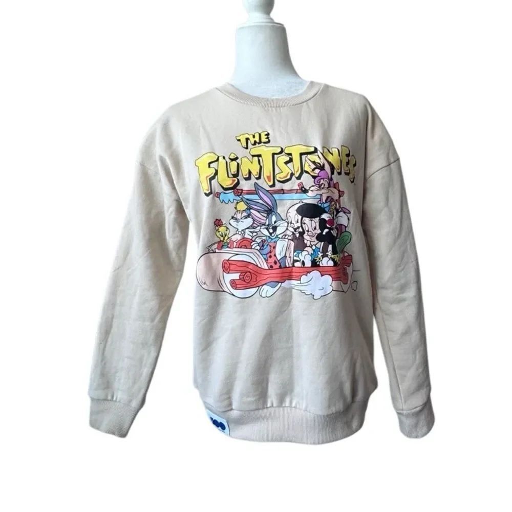 Warner Brothers Flintstone Sweatshirt Cream Graphic Long Sleeve SZ S